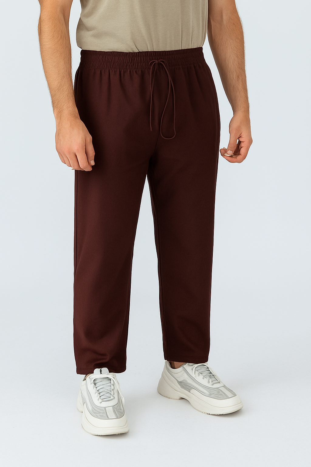 Mens Comfy Brown Trousers with Elastic Waist & Zip Pocket